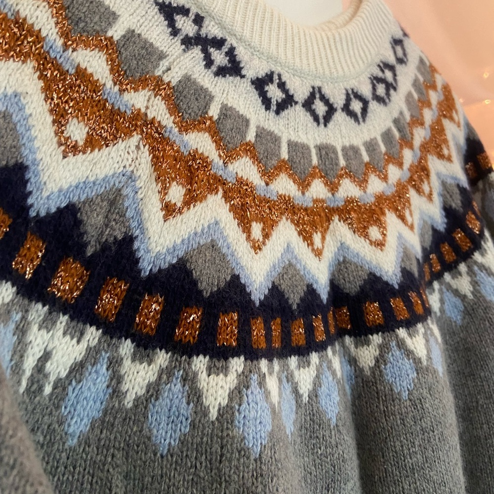 J. Crew, Cable- Sweater, Grey, Gold, and Navy, Size Medium